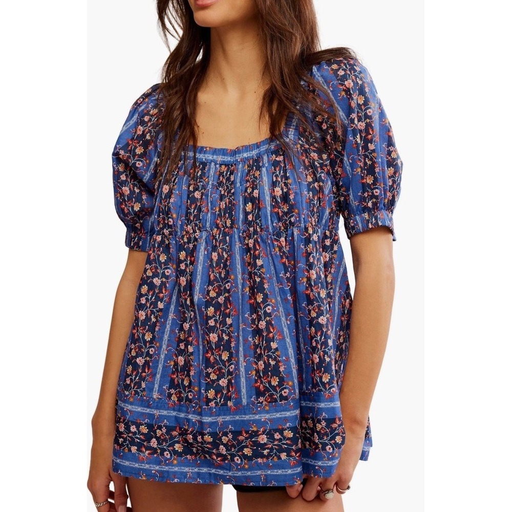 Free People Vintage Lover Cotton Blouse in Dutch Blue Combo Size XS BOHO Peasant